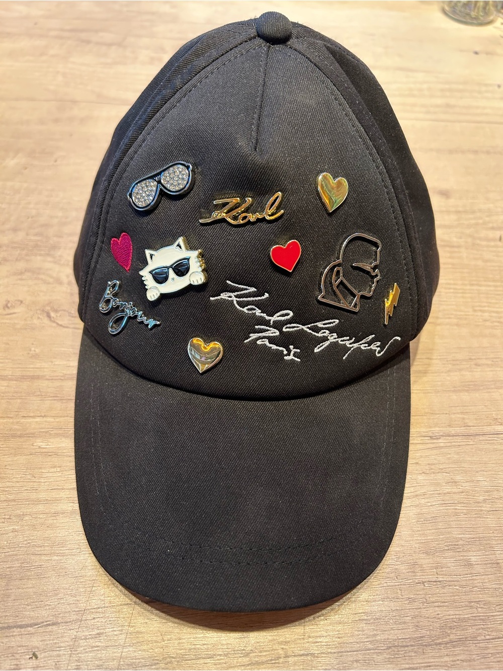Karl Lagerfeld Black Cap with Enamel Pin Accents